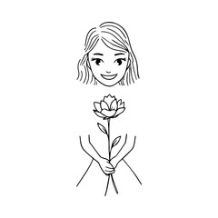 Black and white vector illustration of a beautiful woman holding a flower, minimal clean line art style