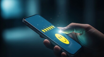 Close up of a person s hand holding a smartphone with a 5 star customer review and a yellow smiling emoji face