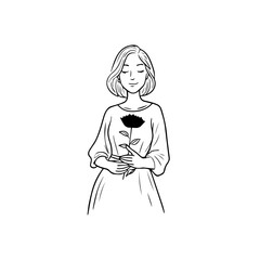 Black and white vector illustration of a beautiful woman holding a flower, minimal clean line art style