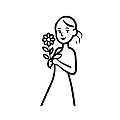 Black and white vector illustration of a beautiful woman holding a flower, minimal clean line art style