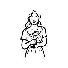 Black and white vector illustration of a beautiful woman holding a flower, minimal clean line art style