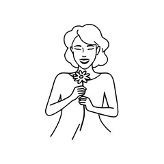 Black and white vector illustration of a beautiful woman holding a flower, minimal clean line art style