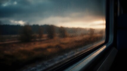 Fototapeta premium View through a train window at a blurred rural landscape during golden hour sunset