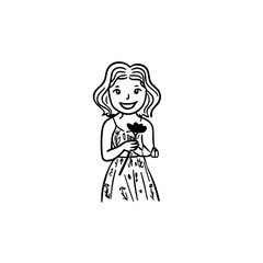 Black and white vector illustration of a beautiful woman holding a flower, minimal clean line art style