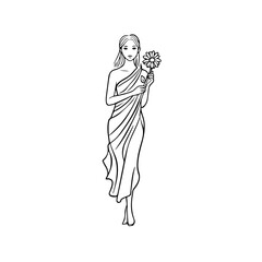 Black and white vector illustration of a beautiful woman holding a flower, minimal clean line art style