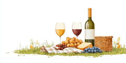 Naklejka premium Romantic Picnic Setup with Wine and Artful Arrangement of Fruits and Cheese on a Sunlit Meadow Scenery