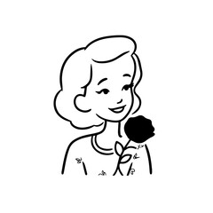 Black and white vector illustration of a beautiful woman holding a flower, minimal clean line art style