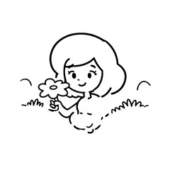 Black and white vector illustration of a beautiful woman holding a flower, minimal clean line art style