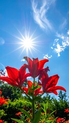 Bright red lilies against a sunny sky