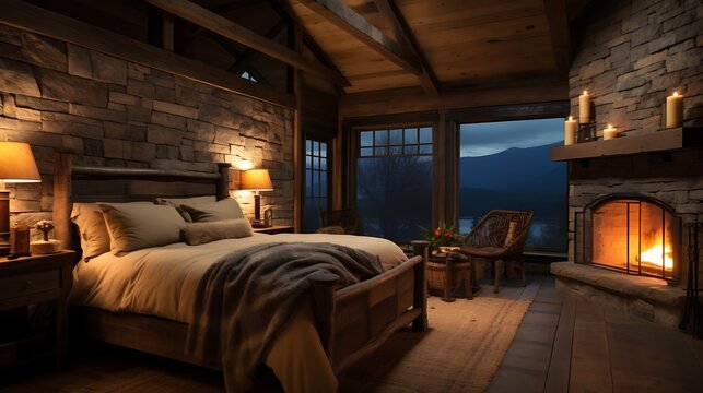A rustic farmhouse bedroom with a wooden bed and a vintage brass lamp, warm amber lighting enhancing the cozy space, fog rolling over the distant mountain slopes. 