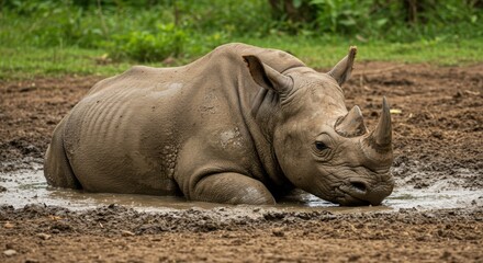Obraz premium White rhinoceros in mud pool