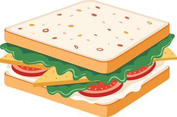 Isometric illustration of a sandwich with lettuce, tomato, cheese, and mayonnaise between two slices of bread.