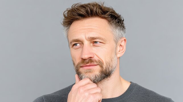 Contemplative Man with Hand on Chin Deep in Thought Against Gray Background - Powered by Adobe
