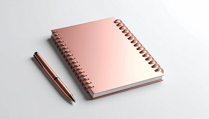 Rose gold spiral-bound notebook and matching pen rest on a white surface.  Clean, minimalist aesthetic