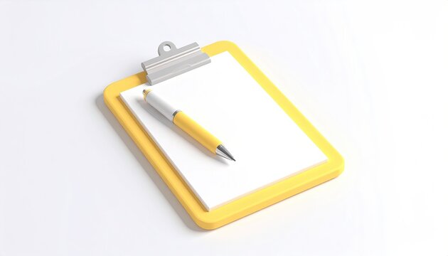 Yellow clipboard with blank paper and yellow pen, diagonally positioned on white background; minimalist 3D rendering