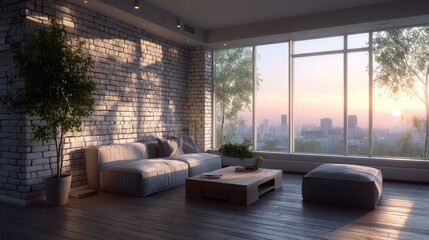 Contemporary Living Room with City View and Lush Plants in Evening Light