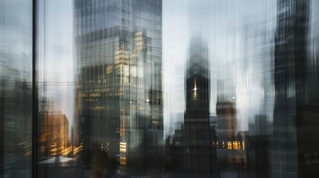 Cityscape view through modern building window
