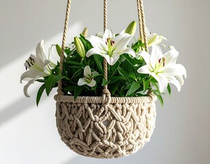 A hanging macrame planter cradles a lush bouquet of pristine white lilies, bathed in soft sunlight against a neutral backdrop