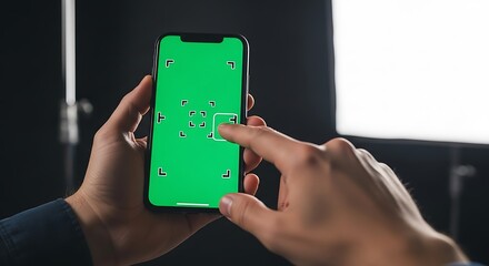 Close-up of a person holding a smartphone with a green screen and focusing grid displayed, showcasing a hand touching the screen.
