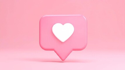 A 3D rendered pink speech bubble icon with a white heart inside, symbolizing a social media like or love reaction, set against a soft pink background. - Powered by Adobe