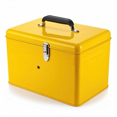 A bright yellow metal toolbox with a black handle, silver clasp, and subtle reflection
