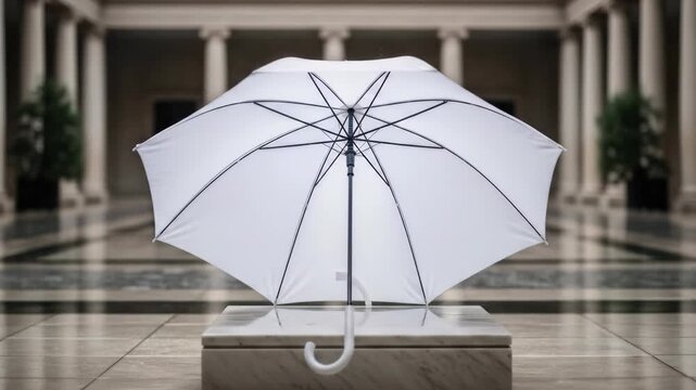 Elegant white umbrella on marble base in courtyard on rainy day, showcasing architecture and weather with reflection and rain.