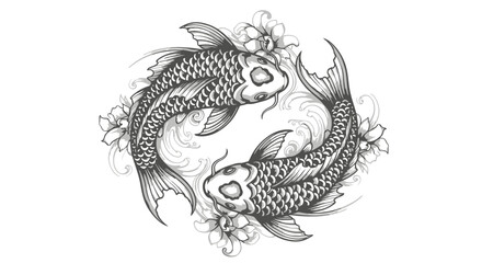 Fototapeta premium Koi Fish Yin Yang Symbol with Flowers Sketch