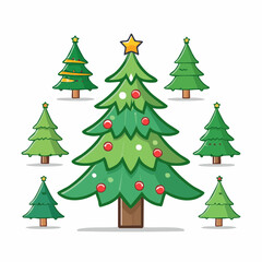 Fototapeta premium Cartoon collection of decorated Christmas trees with ornaments and golden stars, festive seasonal illustration for holiday and new year design.