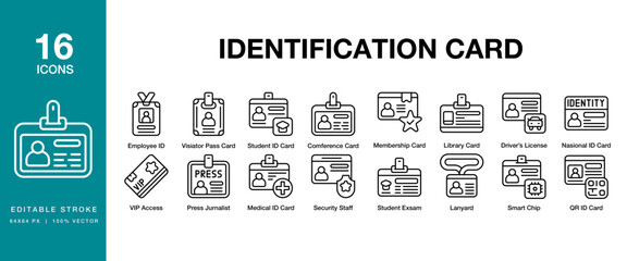 Identification Card icon set. Includes card, identity, identification, business and More. Editable Stroke Icon Collection.