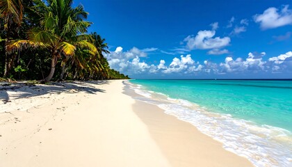 Pristine white sand beach meets turquoise water under a vibrant blue sky, fringed by lush palm trees