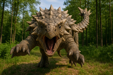 Ankylosaurus Dinosaur Illustration in Prehistoric Forest