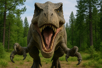 Tyrannosaurus Rex Roaring and Attacking in Forest Background