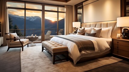 A sophisticated suite with a silk bedspread and an elegant glass lamp, soft cream lighting illuminating the space, breathtaking mountain panorama visible through large windows. 