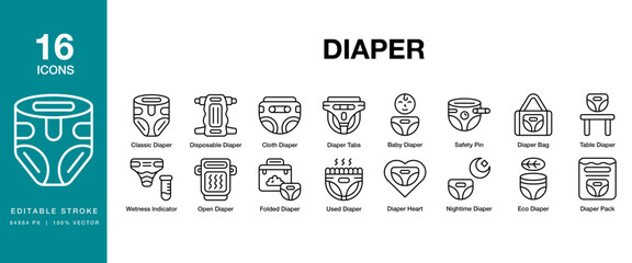 Diaper icon set. Includes diaper, baby, newborn, care, infant and More. Editable Stroke Icon Collection.