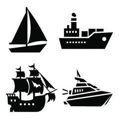 Collection of diverse nautical vessels silhouettes featuring sailing ship freighter yacht and sailboat