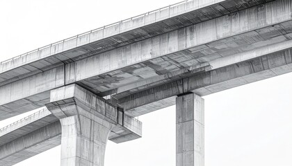 Monochrome close-up of an elevated highway's concrete structure, showcasing its complex supports and weathered surface against a bright sky