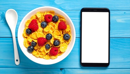Bowl of cereal with fruit and phone