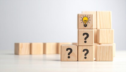 Wooden blocks with lightbulb and question marks, symbolizing problem-solving