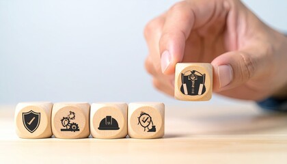 Hand selecting a wooden cube with safety gear icon