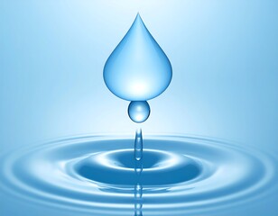 A single, light-blue teardrop-shaped water droplet, suspended over a rippled water surface