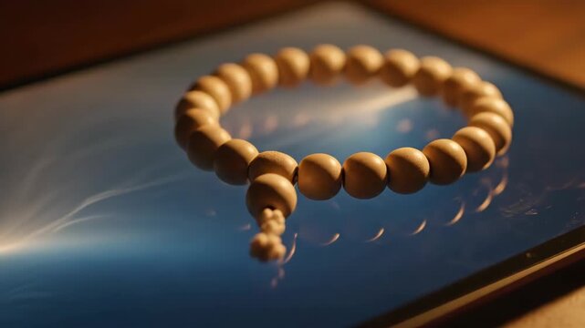 Modern spiritual gurus tools traditional prayer beads on digital tablet symbolizing contemporary wisdom and inner peace