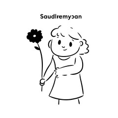 Black and white vector illustration of a beautiful woman holding a flower, minimal clean line art style