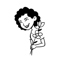 Black and white vector illustration of a beautiful woman holding a flower, minimal clean line art style