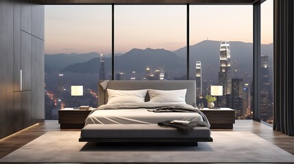 A trendy, urban bedroom with a sleek bed and a modern metal lamp, cool-toned lighting reflecting off the sleek furnishings, mountain range and skyline visible from the window. 