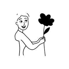 Black and white vector illustration of a beautiful woman holding a flower, minimal clean line art style