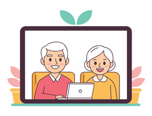Senior couple online video call conference on tablet illustration design