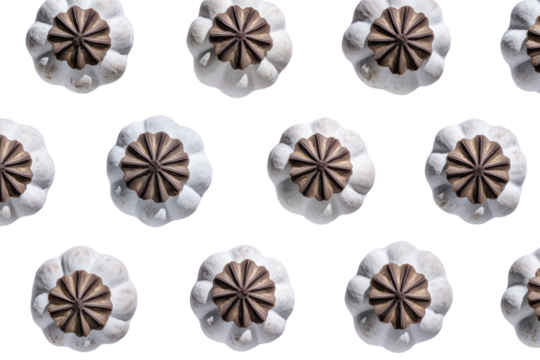 Close up of a single dried poppy seed head with intricate details isolated on transparent background