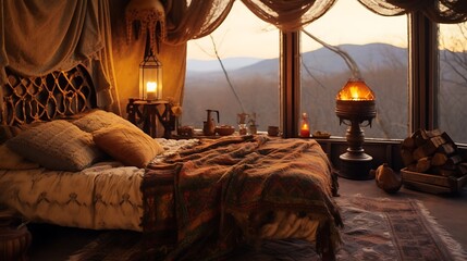 A vintage bohemian bedroom with a tapestry-covered bed and a handmade wooden lamp, warm amber lighting casting intricate shadows, distant mountains glowing softly at twilight. 