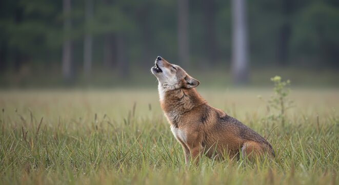 Wildlife coyote howling in meadow natural scene - Powered by Adobe