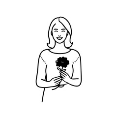 Black and white vector illustration of a beautiful woman holding a flower, minimal clean line art style